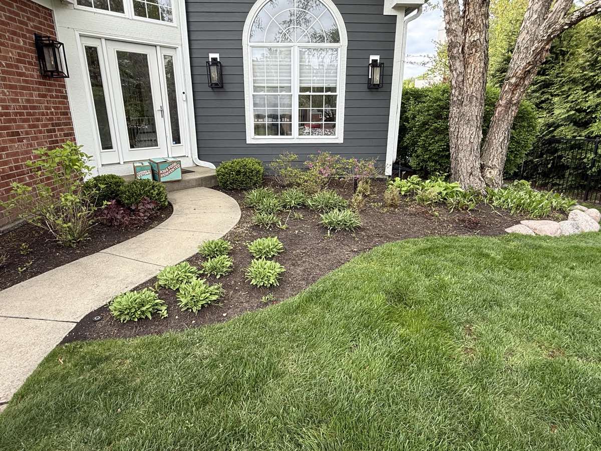 Front entry bed freshly planted and mulched